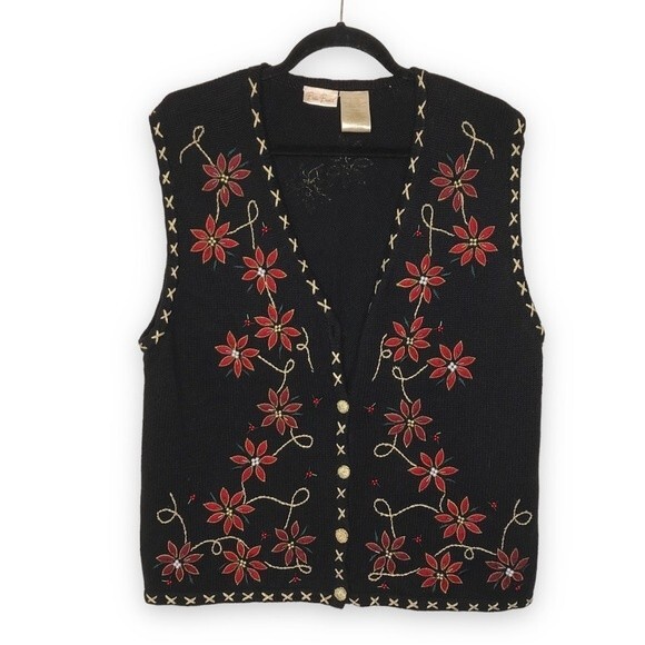 Bobbie Brooks Holiday Ugly Christmas Black Red Gold Poinsettia Vest Size Large - Picture 1 of 14